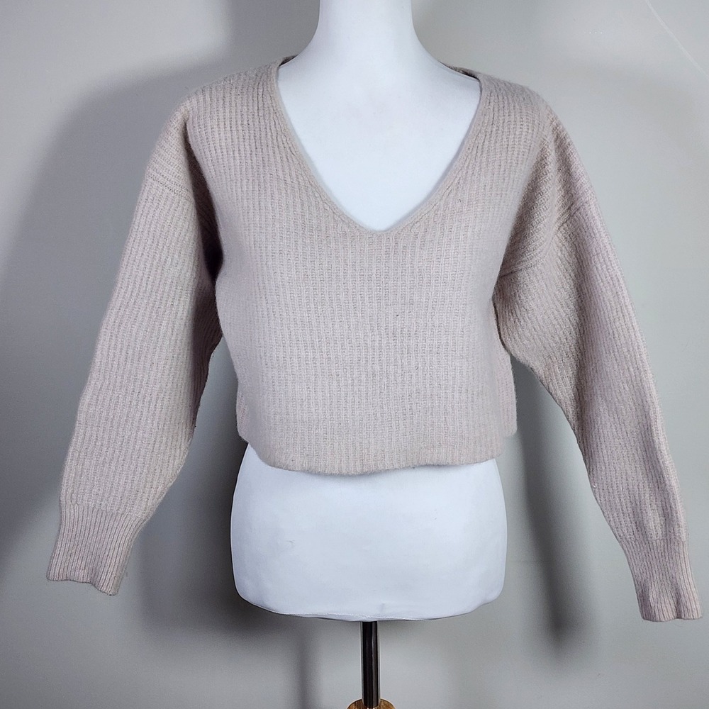 Babaton Cropped Sweater M Beige Merino Wool Soft Felted Knit Winter Cozy Cabin